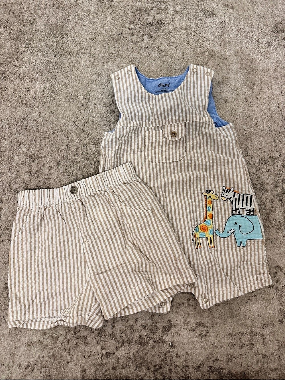 Little Me Safari Animal Seersucker Shortall Set Striped 12M
